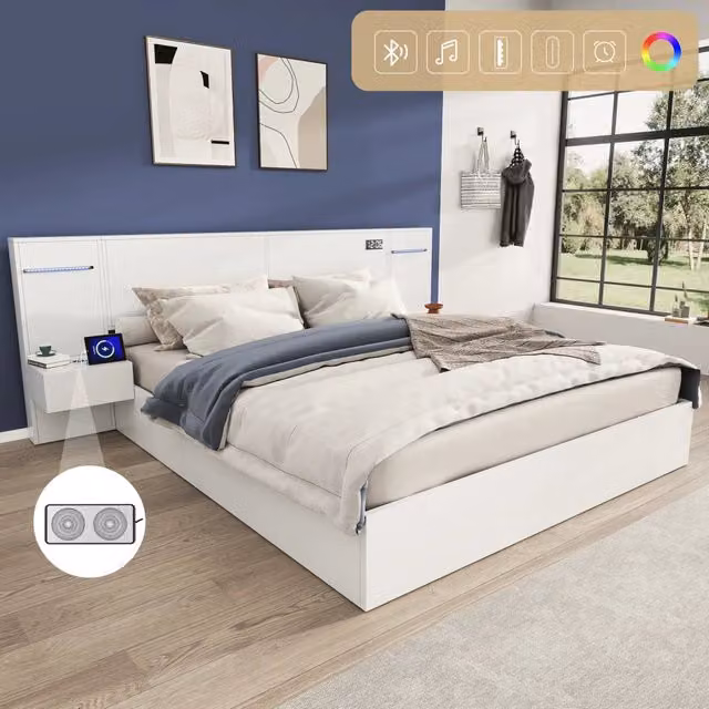 Letto matrimoniale in legno 160 x 200 cm con porta USB, orologio elettronico, altoparlante Bluetooth, barra LED e 2 comodini - Bianco
