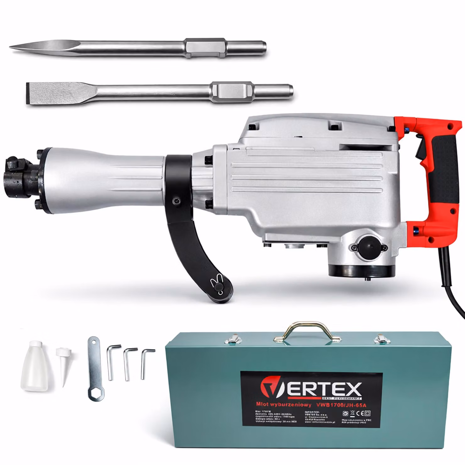 Martello demolitore a percussione esagonale, Vertex, 1700 W, energia di percussione 60 J, 2 scalpelli piatti, valigetta metallica, serbatoio dell'olio