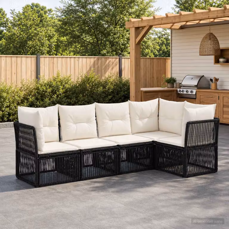 Set Divano da Giardino vidaXL 5 pz a Forma a L con Cuscini, Polyrattan e Metallo, Colore Nero