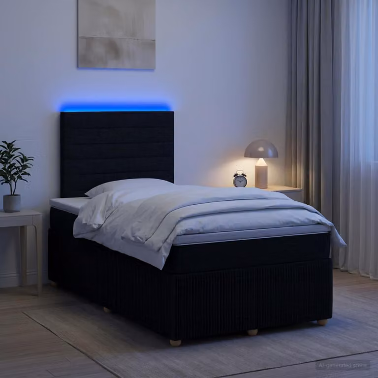 Letto Box Spring vidaXL con Materasso Ibrido e Illuminazione LED, Nero, L 120 x P 200 cm