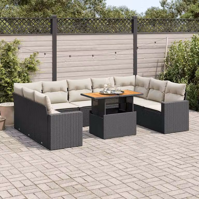 Set Divani da Giardino vidaXL in Polyrattan Nero con Cuscini e Tavolino da Esterno a Forma di L