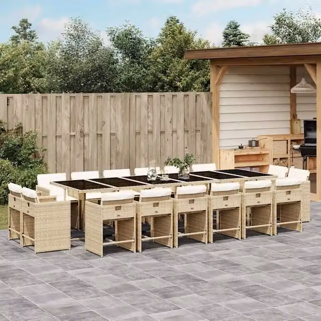 Set da pranzo da giardino vidaXL in polyrattan con cuscini beige e piano in vetro, 17 pezzi – 1