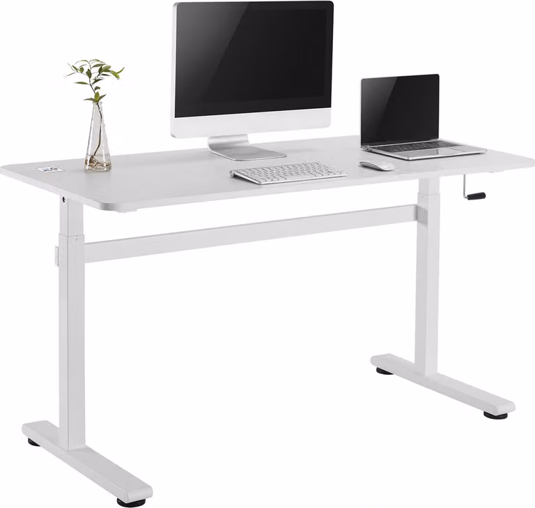 Scrivania Sit-stand 140x60cm Scrivania da ufficio regolabile manualmente in altezza fino a 117cm Scrivania ergonomica Caricabile fino a 40kg Bianco