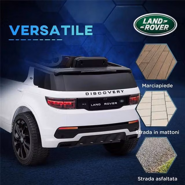 Macchina elettrica Land Rover per bambini con fari e clacson, colore bianco, L: 106 cm, P: 65.5 cm, H: 51 cm