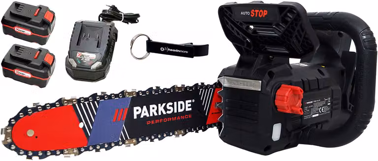 Motosega a batteria PARKSIDE PERFORMANCE® 40V con batteria 2x4Ah PPAKS 40 nel pacchetto HEADNMORE® con portachiavi HEADNMORE®