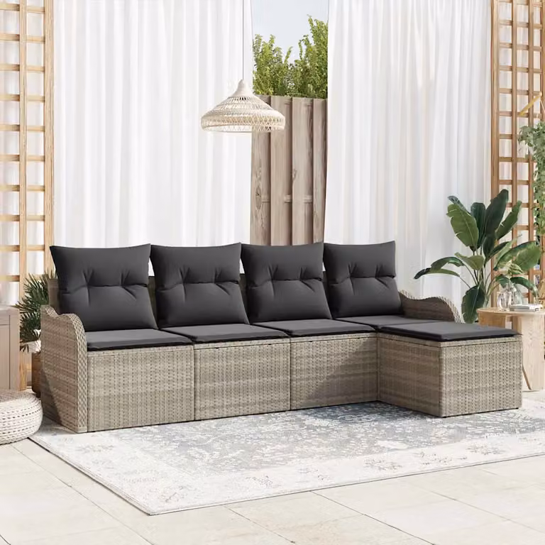 Set Divano da Giardino a L vidaXL 5 Pezzi in Polyrattan Grigio con Cuscini e Ottoman