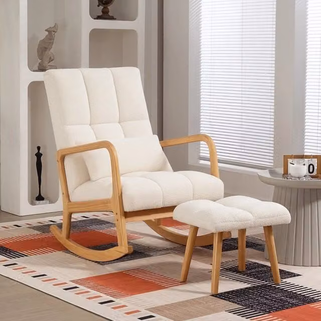 Poltrona a dondolo relax con poggiapiedi REDOM in legno bianco e tessuto, stile scandinavo, L: 64,5 cm, P: 82 cm, H: 99 cm – 1