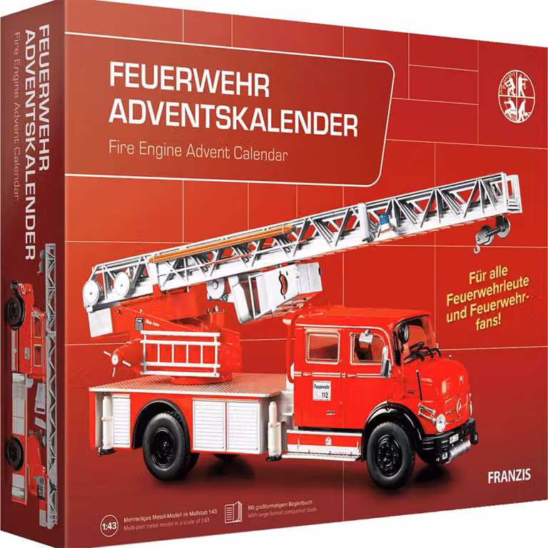 FRANZIS 67206 - Calendario dell'Avvento per vigili del fuoco, kit di modellismo in metallo del Mercedes-Benz L1519 in scala 1:43, completo di un manuale di 52 pagine