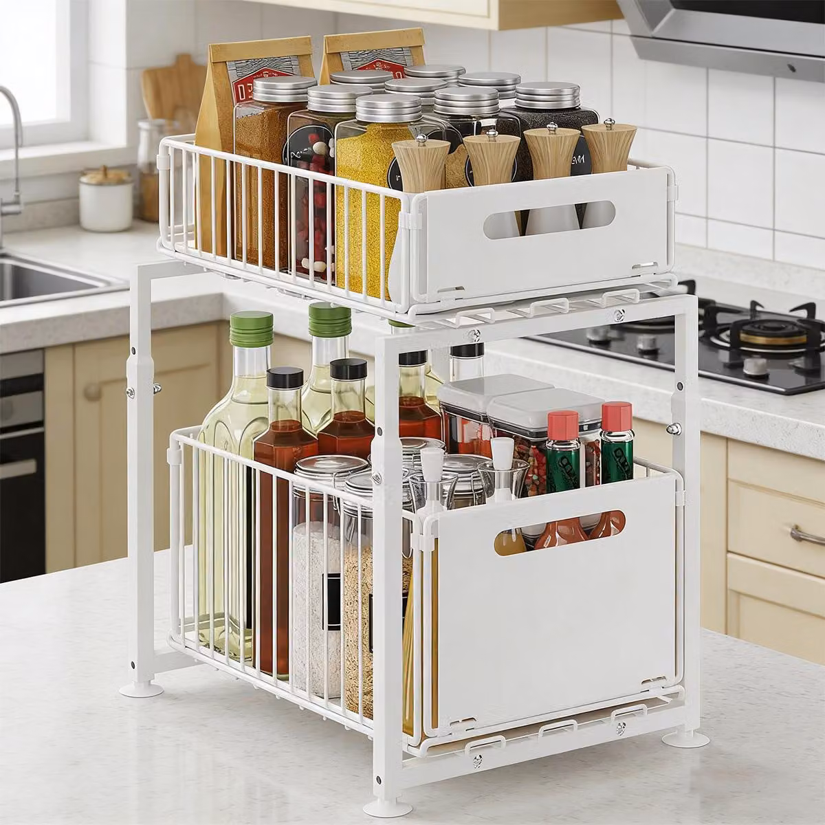 Organizer per armadio da cucina a 2 ripiani sotto il lavello, organizer per armadio lavello, scaffale a cassetti bianco