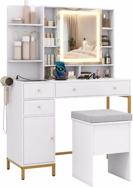 Tavolo da trucco con specchio e stazione di ricarica, Set tavolo e sgabello con piano in vetro trasparente Bianco