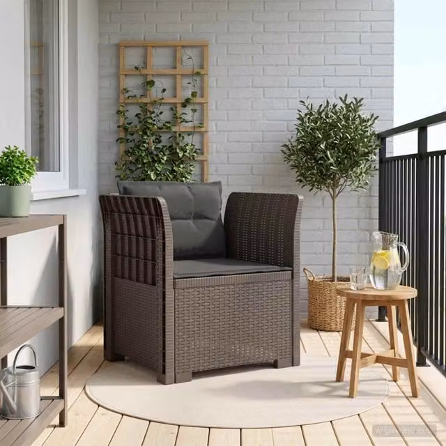 Poltrona singola moderna vidaXL con cuscini in aspetto rattan color grigio antracite per giardino e balcone