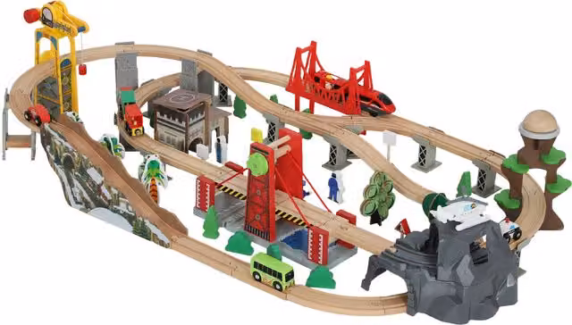 Set Ferroviario in Legno AIYAPLAY con 100 Pezzi, Treni, Gru Magnetica, Ponte ed Elicottero, Multicolore