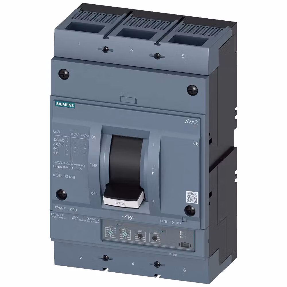 Interruttore di potenza Siemens 3VA2, telaio IEC 1000, classe di capacità di interruzione H, Icu=85 kA a 415 V, 3VA25806HN320AA0