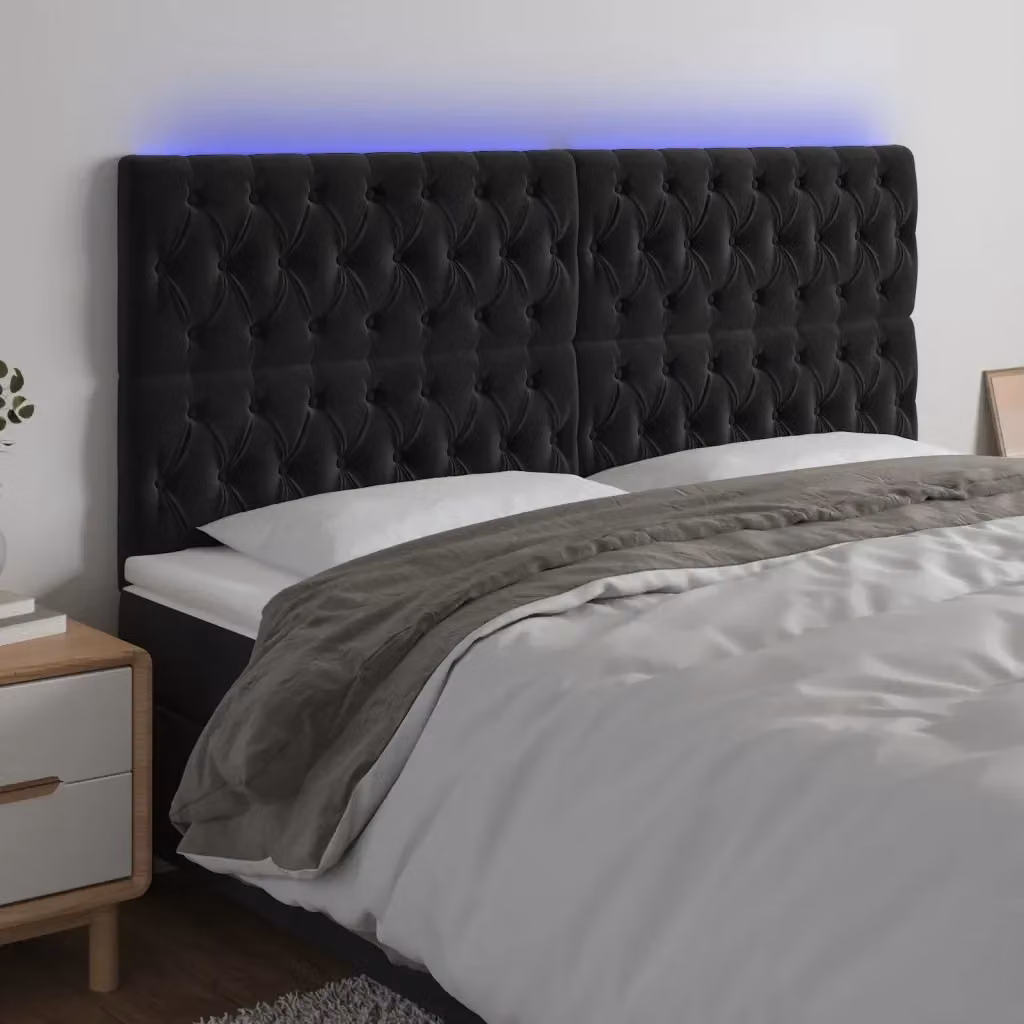 Testata del letto con illuminazione LED e porta di ricarica USB in velluto nero, L: 180 cm, P: 7 cm, H: 118/128 cm – 2