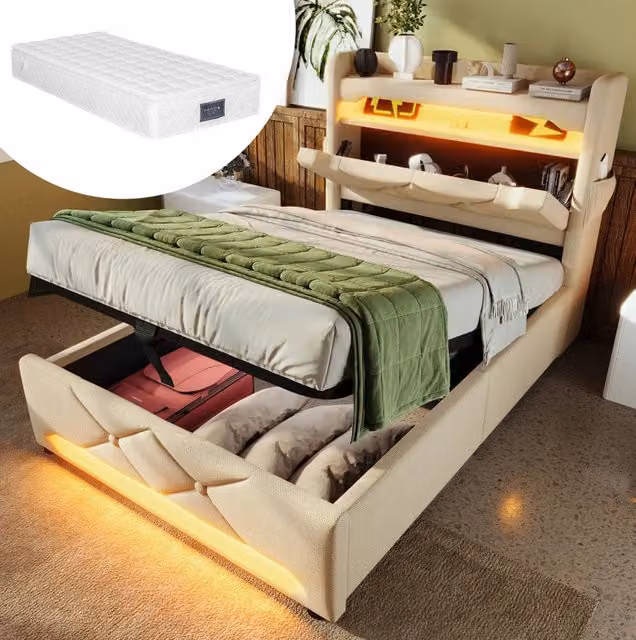 Letto singolo 90x200 cm in lino beige con LED; contenitore idraulico; USB e materasso