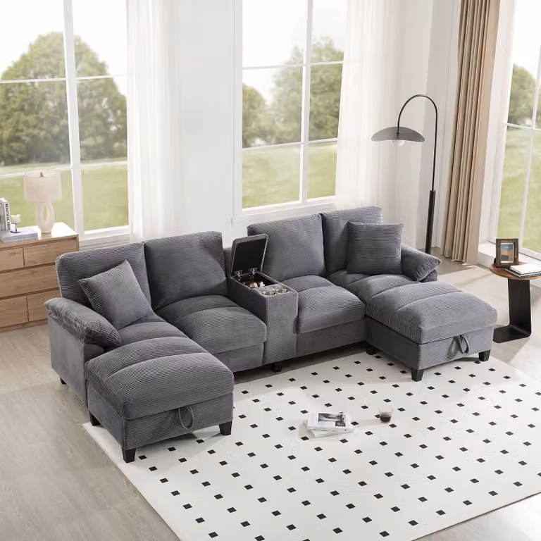 Divano angolare a U Merax a 4 posti, con base letto, portaoggetti, portabicchieri, USB, cuscini, divano modulare, rivestimento in velluto a coste, divano, set di divani, grigio