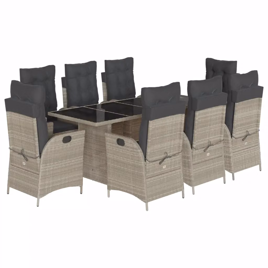 Set da giardino moderno vidaXL in polyrattan con tavolo in vetro e 9 sedie con cuscini, colore grigio antracite – 2