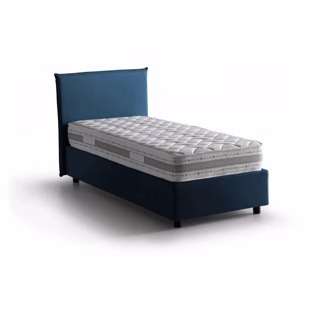 Letto singolo contenitore Alison di Talamo Italia con materasso incluso, rivestimento in tessuto blu, apertura frontale, dimensioni materasso: 90 x 200 cm – 2