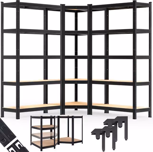 Set di 3 scaffali angolari MONZANA in metallo e MDF neri con ripiani regolabili, H 180 x L 70 x P 40 cm