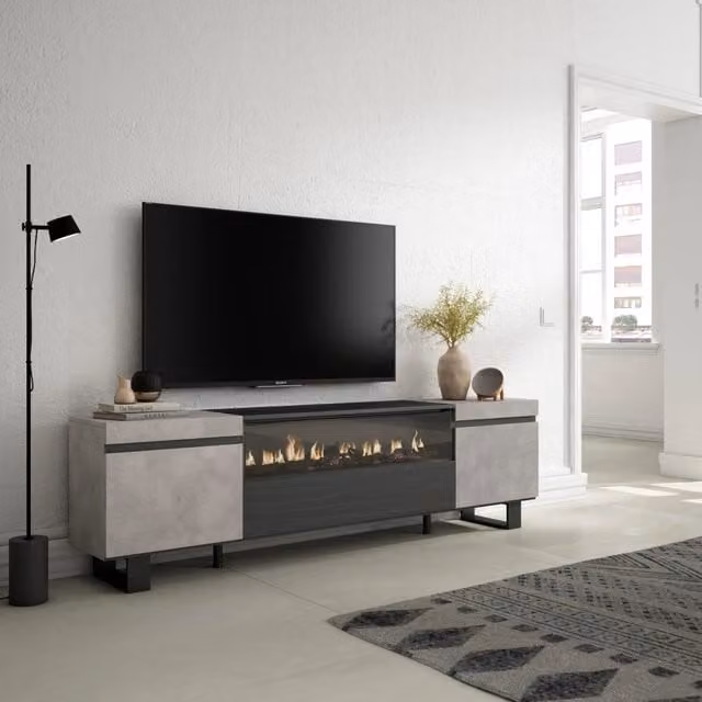 Mobile TV, 200x35x57cm, soggiorno, Per TV fino a 80", Camino elettrico, Design industriale, grigio cemento RF2242