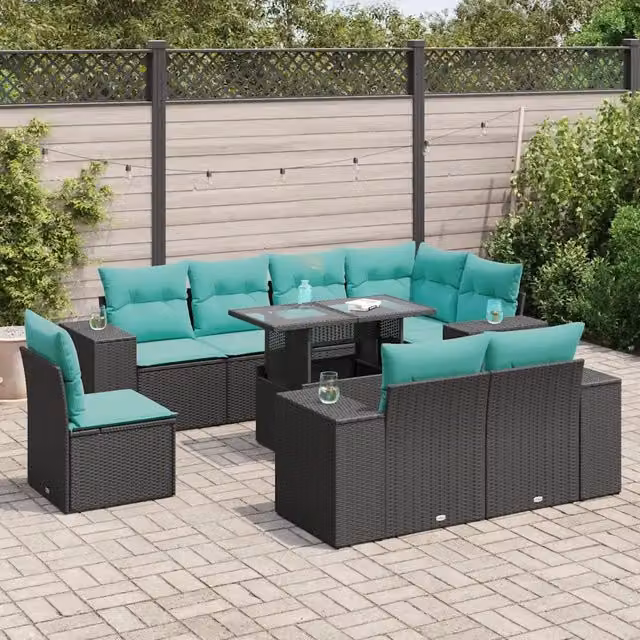 Set Divani Giardino 9 pz con Cuscini Nero in Polyrattan Acacia 3326818