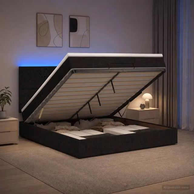 Letto Ottomano vidaXL con Materasso Ibrido e Illuminazione LED Sotto il Letto, Colore Nero e Bianco, L/P/H: 190 x 140 x 88 cm