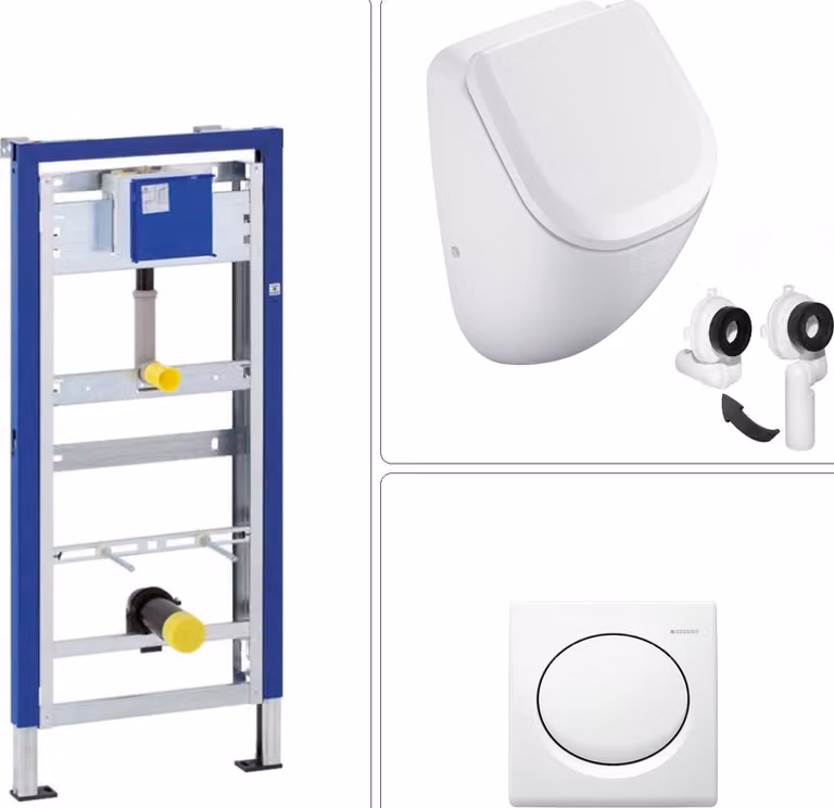 Orinatoio senza bordo VIGOUR DERBY con coperchio SoftClose, telaio da incasso e piastra da incasso GEBERIT, bianco