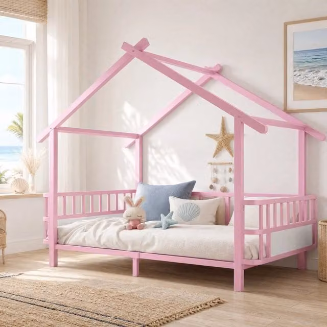 Letto per bambini 90x200 cm rosa struttura metallica con sponde di sicurezza
