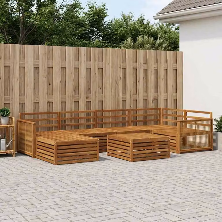 Set di divani da esterno vidaXL 7 pezzi in legno di acacia marrone con cuscini e tavolino da giardino a forma di L