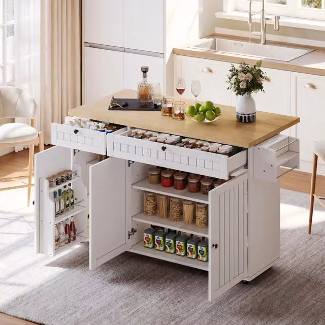 Isola cucina in MDF con piano ribaltabile; 6 ruote bloccabili; 2 cassetti e ante; bianco e naturale; per cucina