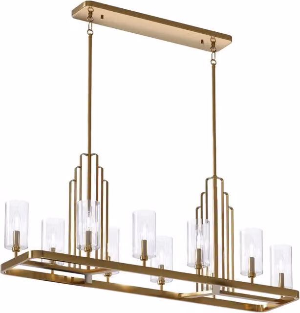 Lampadario a soffitto KICHLER in stile Art Deco con ottone spazzolato e vetro trasparente, 10 luci E14
