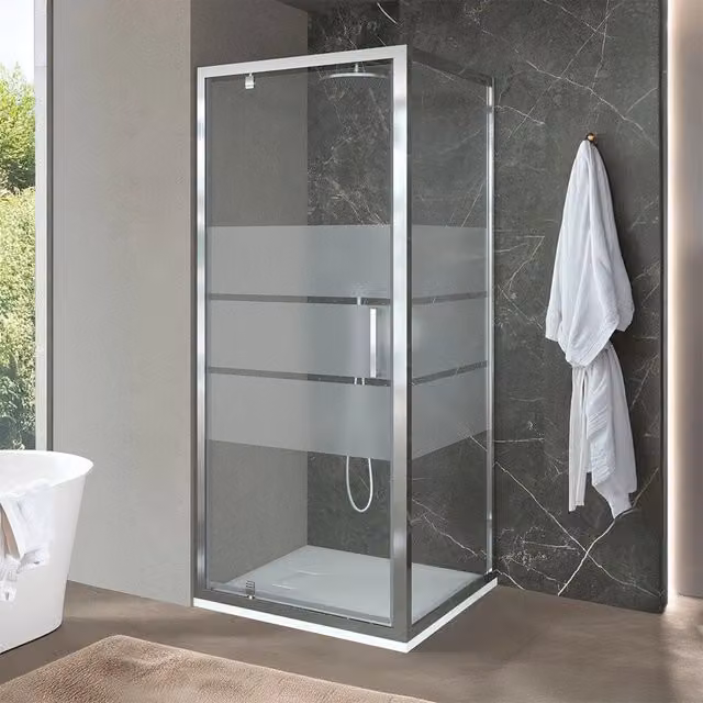 Box doccia angolare INBAGNO con porta battente in vetro temperato serigrafato e profili cromo, L/P/H: 90.5 x 90.5 x 200 cm