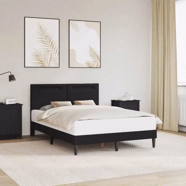 Struttura letto moderno con testiera e giroletto in similpelle nera con illuminazione sottostante e porte USB, L/P/H: 140 x 190 x 96 cm