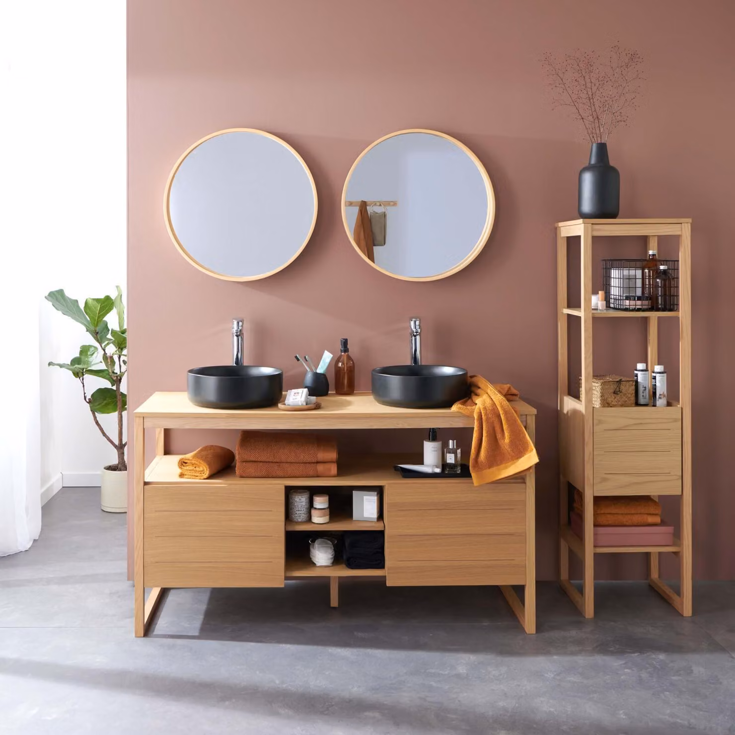 Mobile doppio 140cm rovere lavabi neri specchi colonne ATOLL