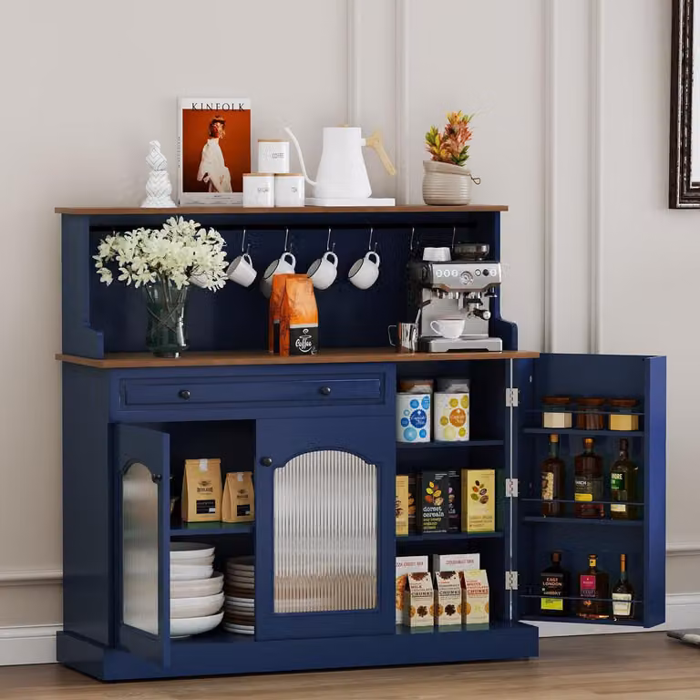 Mobiletto da cucina con piano di lavoro, mobiletto buffet blu, mobiletto per vini con cassetto e ripiano superiore, dimensioni 120x120x40 cm