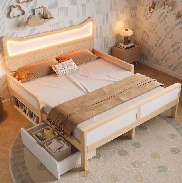 Letto singolo ULEVR 140x200 cm con testiera a gatto, LED RGB, cassetto e vano contenitore, bianco e rovere