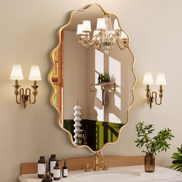Specchio da parete ovale, con superficie ondulata, cornice in alluminio spazzolato, 90x60 cm, color oro