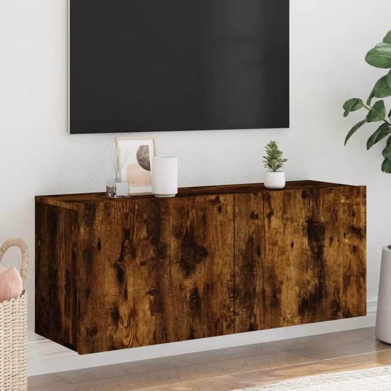 Mobile TV da parete vidaXL in rovere fumo con scomparti multimediali L 100 cm, P 30 cm, H 41 cm