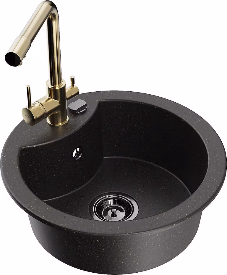 Mexen Diego lavello in granito a 1 vasca con miscelatore cucina Duero, nero/oro metallizzato - 6512-75-671600-50-B