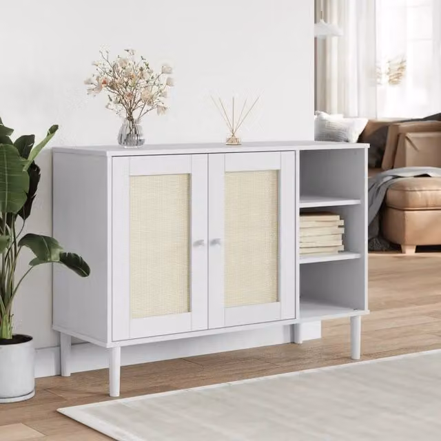 Credenza SENJA vidaXL in legno di pino massello e rattan, colore bianco, L: 112 cm, P: 40 cm, H: 80 cm