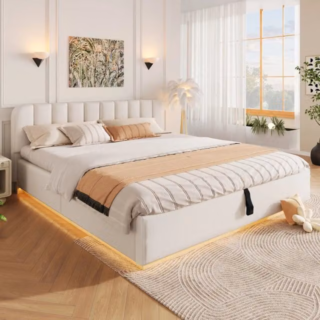 Letto contenitore imbottito in ciniglia 180 x 200 cm, letto matrimoniale con contenitore idraulico, LED, testiera trapuntata e rete a doghe, beige