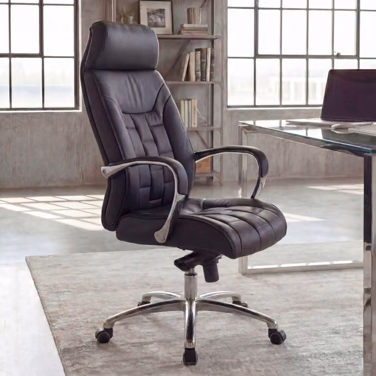 FineBuy Sedia da ufficio in vera pelle nera, portante fino a 120 kg, taglia X-XL, funzione oscillante, poltrona direzionale con braccioli, sedia girevole