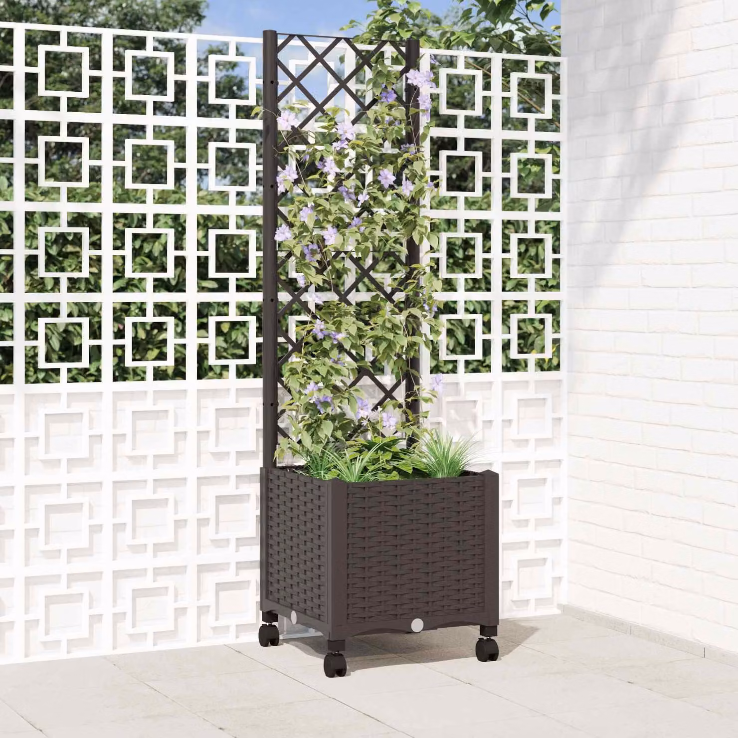 vidaXL Vaso da giardino con grigliato e ruote Marrone L/P/H: 40 x 40 x 146 cm