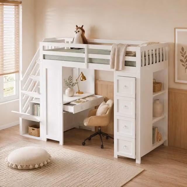 Letto a soppalco singolo MODFU per bambini con scrivania, cassetti, scaffali e scala, in legno e MDF, bianco, L/P/H: 200 x 90 x 175 cm