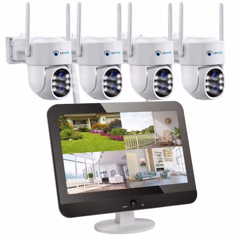 Sistema di videosorveglianza PTZ LUVISION Dual WLAN con monitor da 12,5", microfono, sirena, visione notturna e tracciamento del movimento tramite IA