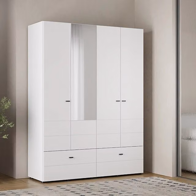 Armadio moderno DMORA per camera da letto con ante scorrevoli e cassetti integrati, finitura bianco opaco e nero, L: 155 cm, H: 208 cm – 1