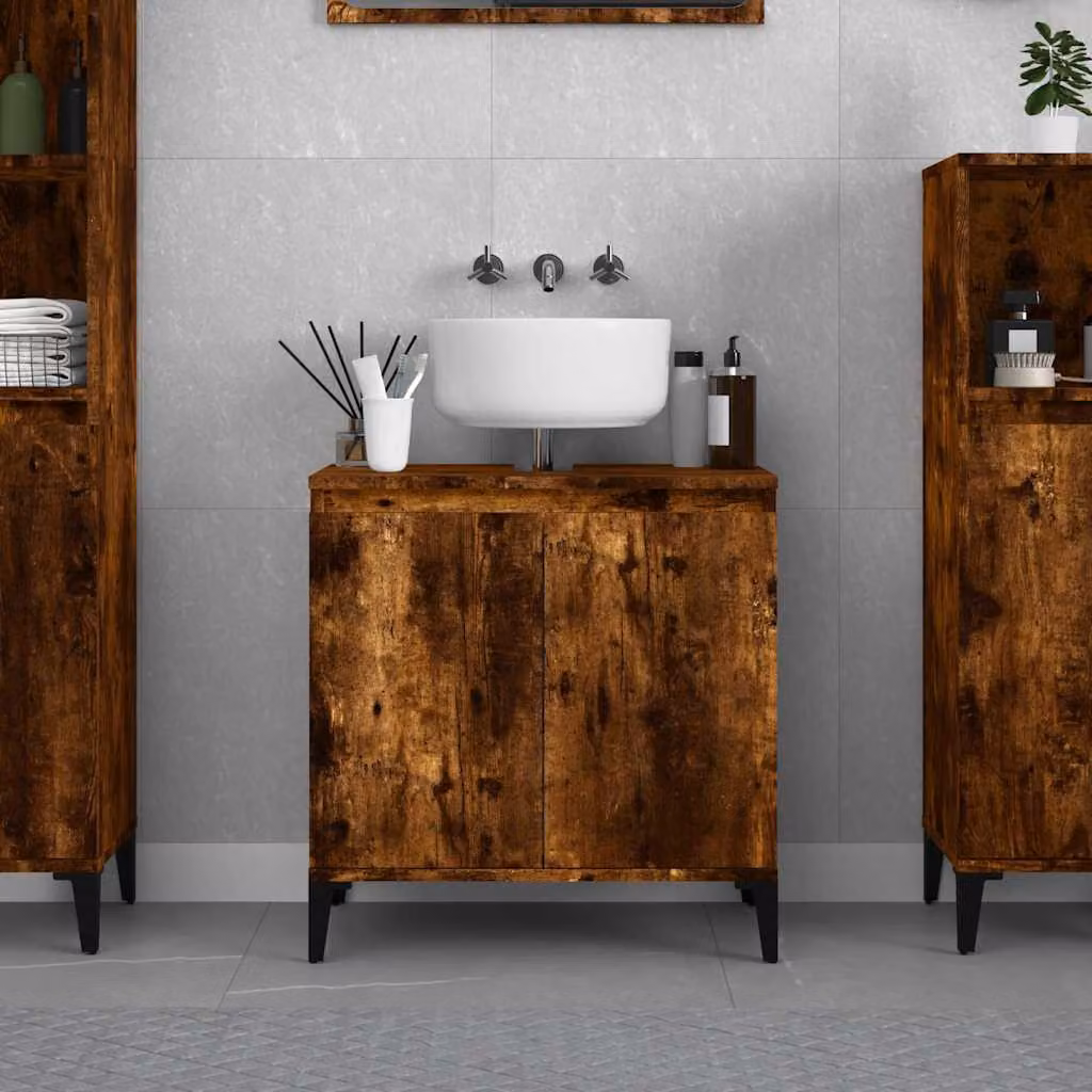 Mobile Lavabo Moderno vidaXL in Rovere Fumo e Legno Multistrato, L: 58 cm, P: 33 cm, H: 60 cm