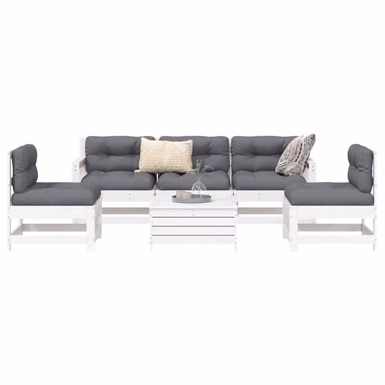 vidaXL Set Divani da Giardino a L in Legno di Pino Bianco con Cuscini, 6 Pezzi