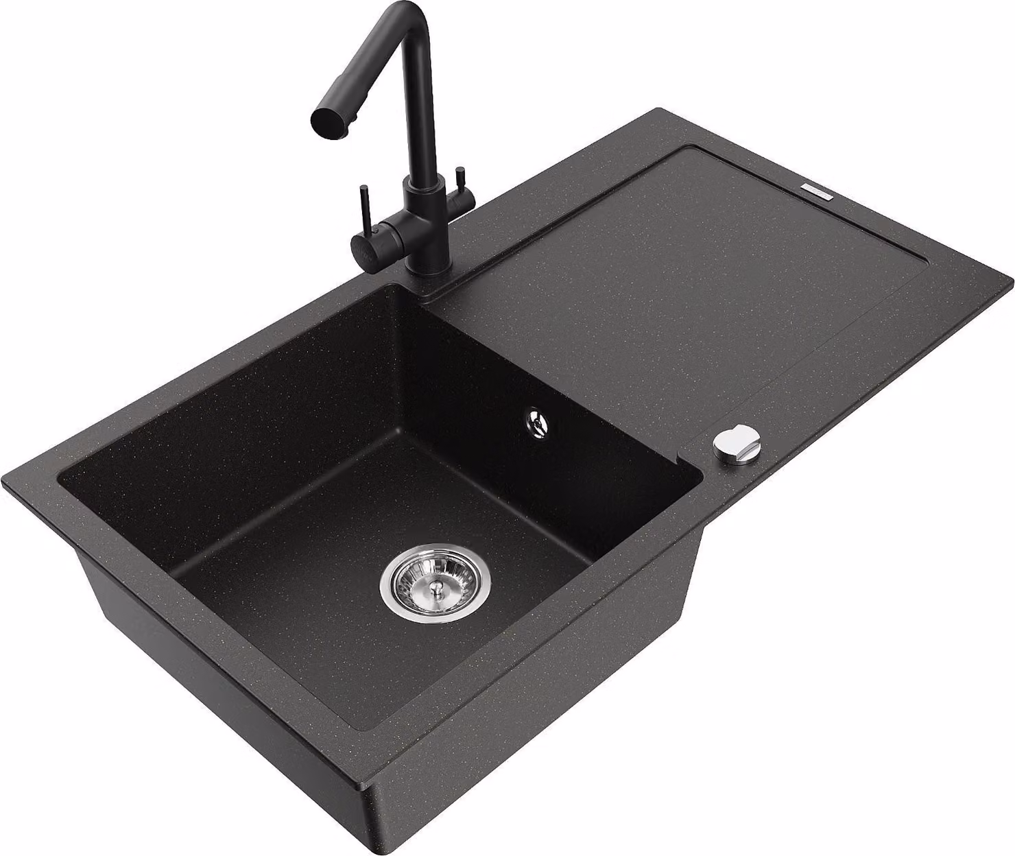 Mexen Leo lavello in granito con una vasca e scolapiatti e miscelatore cucina Duero, nero/oro metallizzato - 6501-75-671600-70