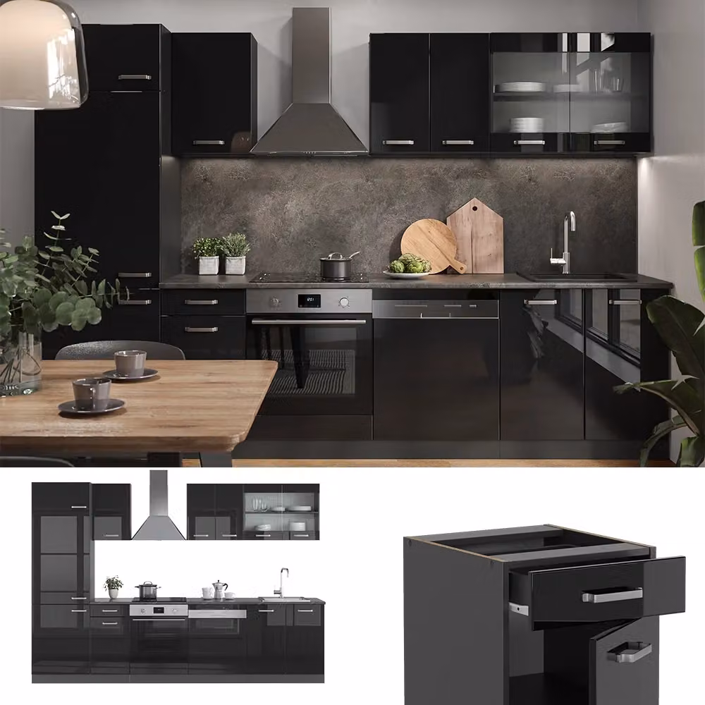 Cucina componibile moderna Vicco R-Line in legno e metallo, colore nero lucido e antracite, L: 300 cm, senza piano di lavoro – 2